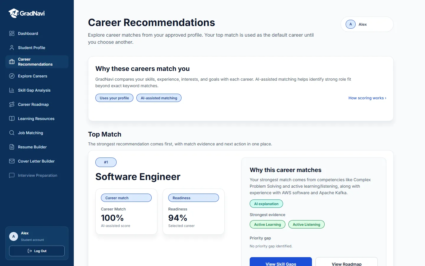 GradNavi Career Recommendations interface showing student sidebar, ranked Software Engineer recommendation, career matching and readiness information