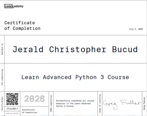 Learn Advanced Python 3 certificate awarded to Jerald Christopher Bucud