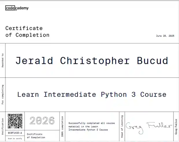 Learn Intermediate Python 3 certificate awarded to Jerald Christopher Bucud