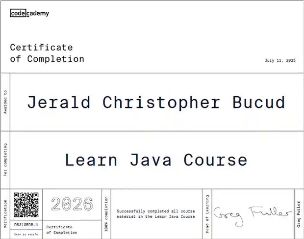 Learn Java certificate awarded to Jerald Christopher Bucud