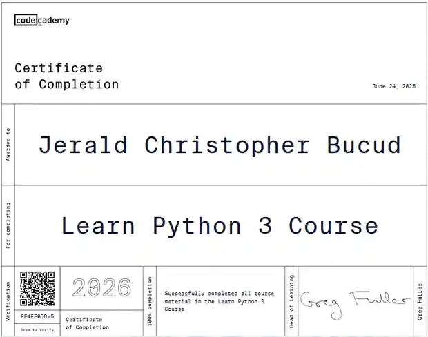Learn Python 3 certificate awarded to Jerald Christopher Bucud