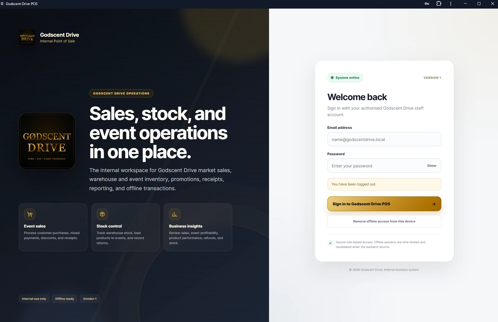Godscent Drive POS login screen showing branded business information and a staff sign-in form