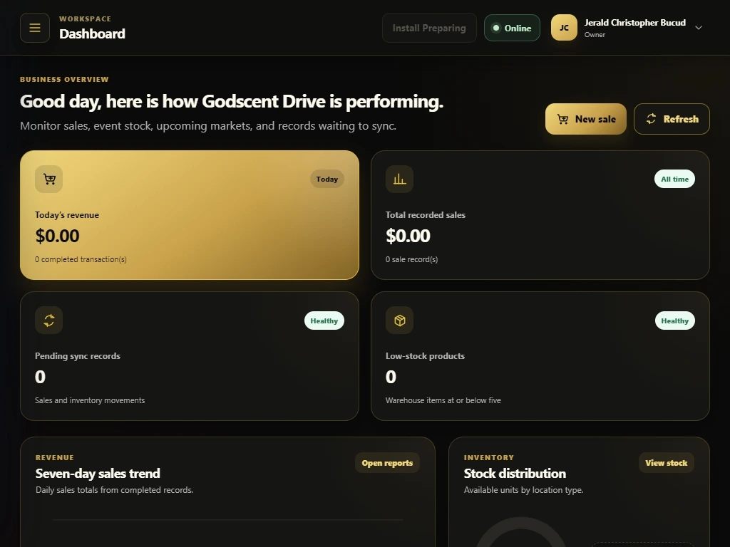Godscent Drive POS interface in a tablet landscape layout